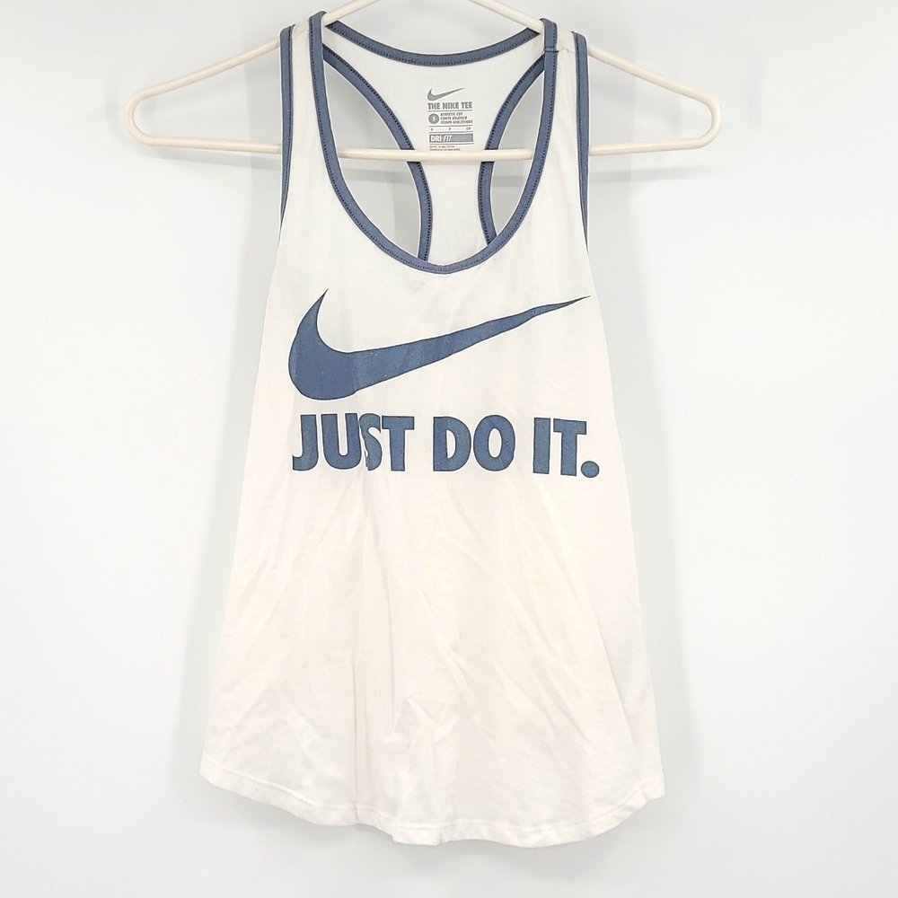 Nike Small Dri-Fit white light blue  trim swoosh logo just do it. Racerback tank